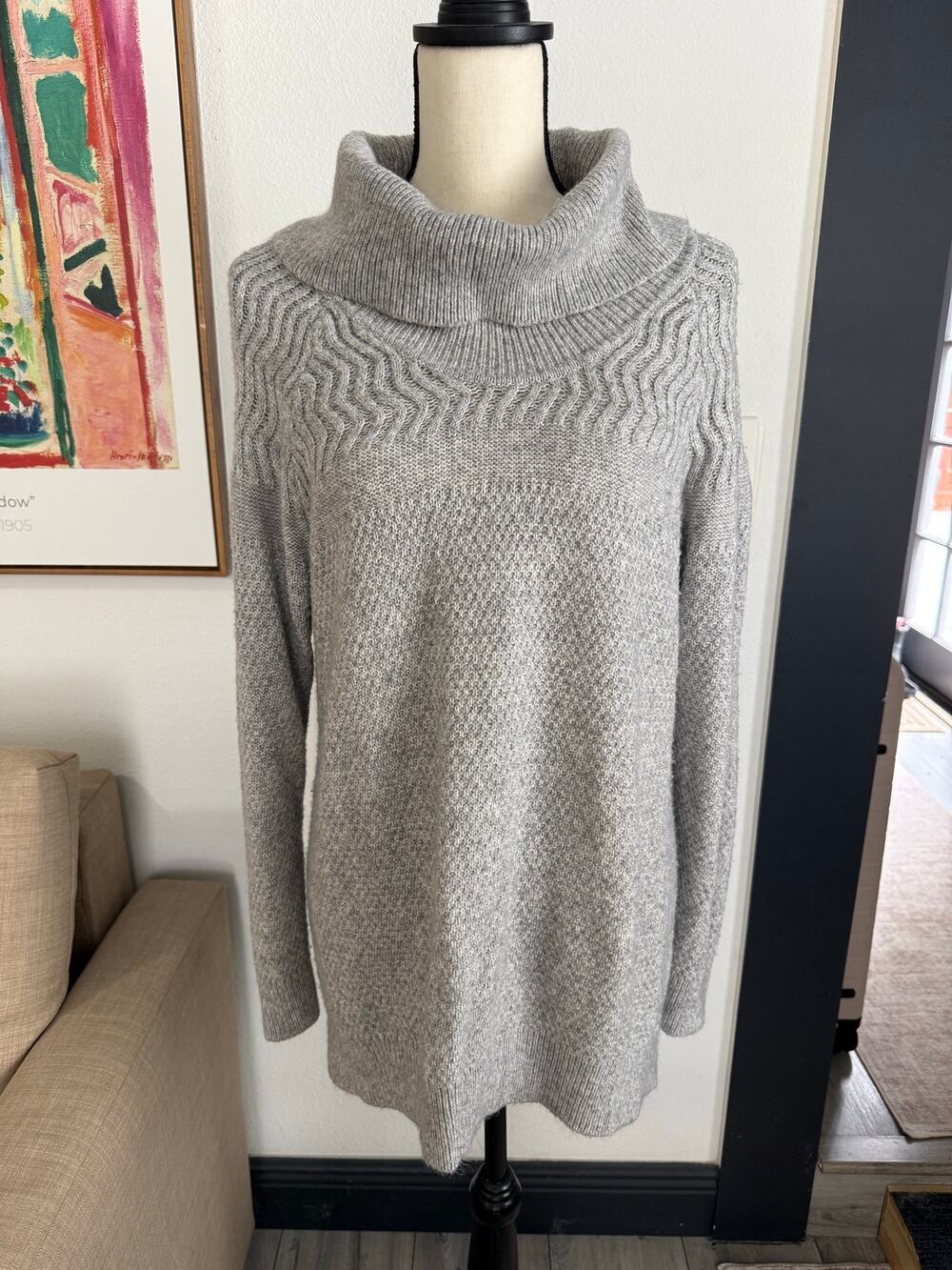 Calvin Klein Gray Waffle Knit Cowl Neck Sweater Women’s Size L Tunic Pullover